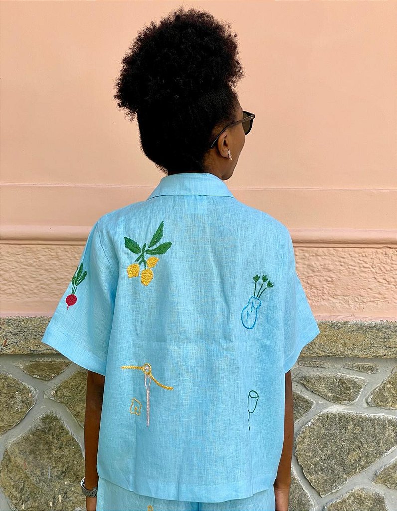 Camisa Manga Curta Oliva Azul