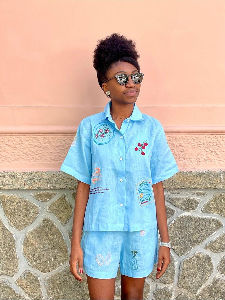 Camisa Manga Curta Oliva Azul