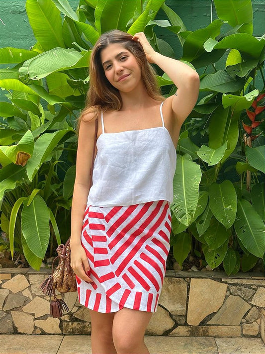 Saia Pareô Curta Listrada Vermelha