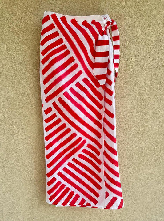 Saia Pareô Longa Listrada Vermelha